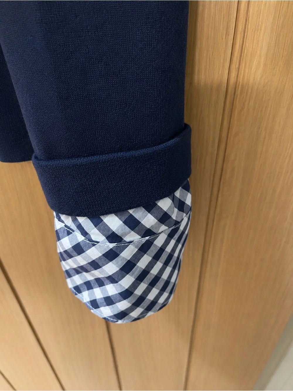 J. Crew Navy Crewneck Sweater with Gingham Cuffs Size L